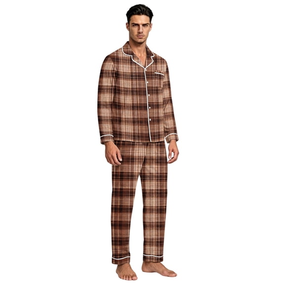 JULMCOMO Matching Pajamas for Men Plaid Check Print Collared Long Sleeve Soft Casual 2 Piece Sets Button Down Comfy Lounge Sets Brown 3XL