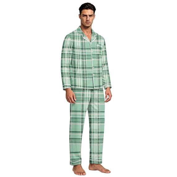 JULMCOMO Matching Pajamas for Men Plaid Check Print Collared Long Sleeve Soft Casual 2 Piece Sets Button Down Comfy Lounge Sets Light Green L