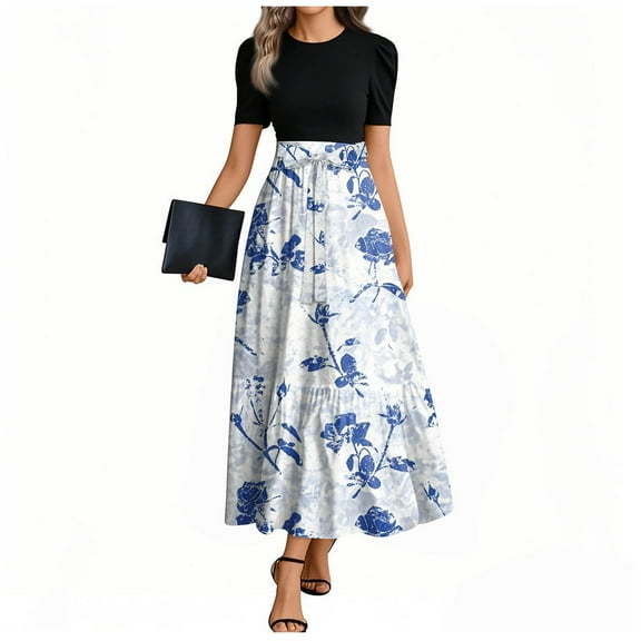 JULMCOMO Maxi Dresses for Women Short Sleeve Teacher Dress Floral Print Cute Maxi Dresses Empire Waist Church Bodycon Dress Fashion Business Casual Outfits Light Blue XL