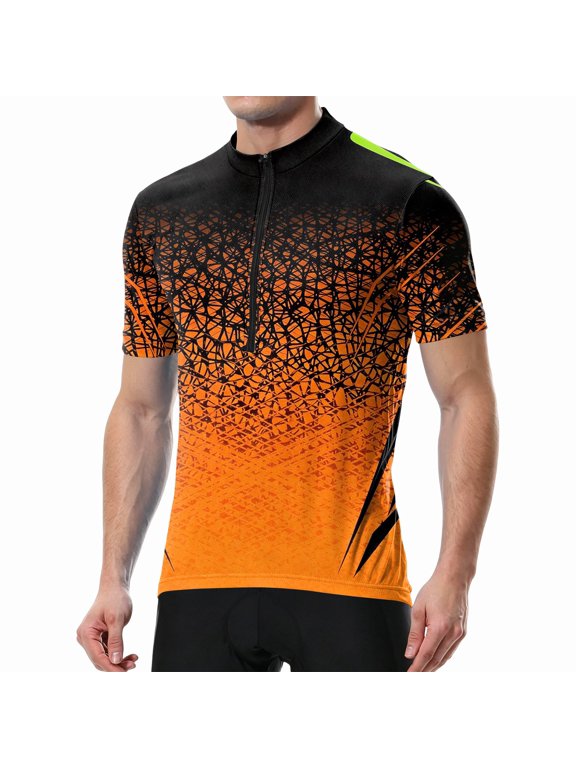 Men's Cycling Jersey Gradient Crack Print Breathable Quick Dry Short Sleeve Sports Training Bike Shirt Slim Fit Cycling Jersey Orange M