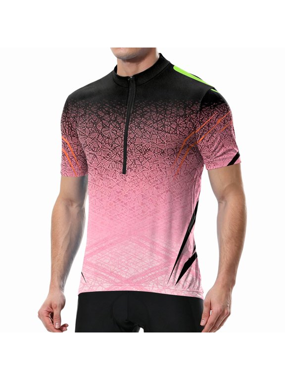 Men's Cycling Jersey Gradient Crack Print Breathable Quick Dry Short Sleeve Sports Training Bike Shirt Slim Fit Cycling Jersey Pink L