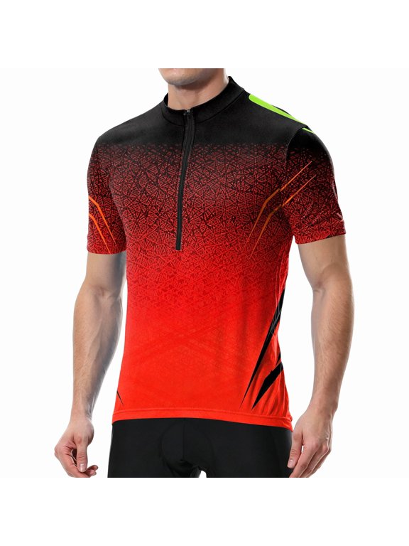 Men's Cycling Jersey Gradient Crack Print Breathable Quick Dry Short Sleeve Sports Training Bike Shirt Slim Fit Cycling Jersey Red XL