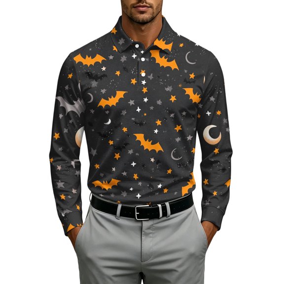 JULMCOMO Men's Halloween Polo Shirts Bat Pumpkin Face Print Collared Long Sleeve Loose Fit Casual Golf Shirts Holiday Party Soft Tops Multicolor M