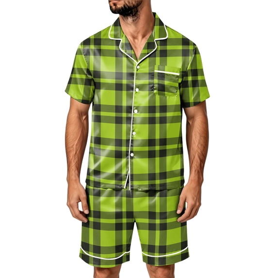 JULMCOMO Men's Pajamas Set Satin Plaid Collared Loose Fit Short Sleeve Button Down Shirts Casual Summer Wide Leg Shorts Gray S