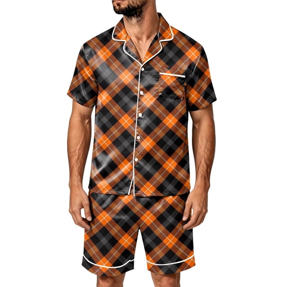 JULMCOMO Men's Pajamas Set Satin Plaid Collared Loose Fit Short Sleeve Button Down Shirts Lounge Comfy Wide Leg Summer Shorts White M