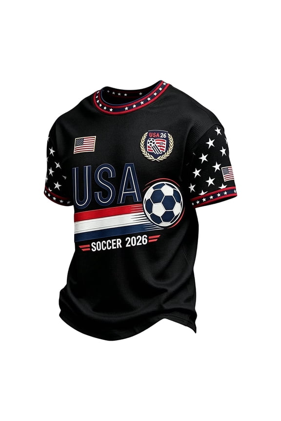 Men's USA Soccer Jersey 2026 Soccer Cup Short Sleeve Fan Wear American Flag Shirts Crew Neck Football Graphic Tees Black 3XL