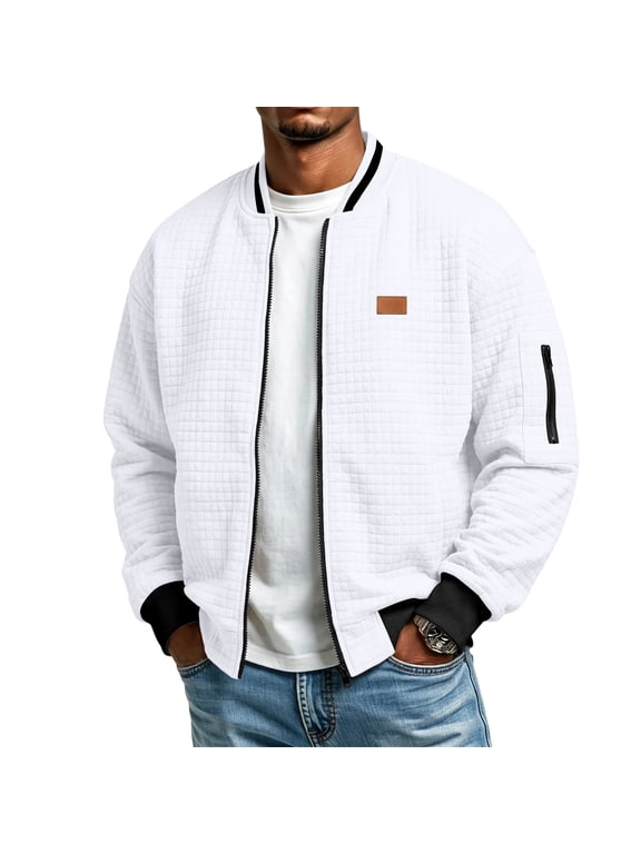 Men's Waffle Bomber Jacket Varsity Full Zip Long Sleeve Casual Loose Fit Jackets Fall Winter Daily Coat with Faux Leather Patch Decor White 3XL