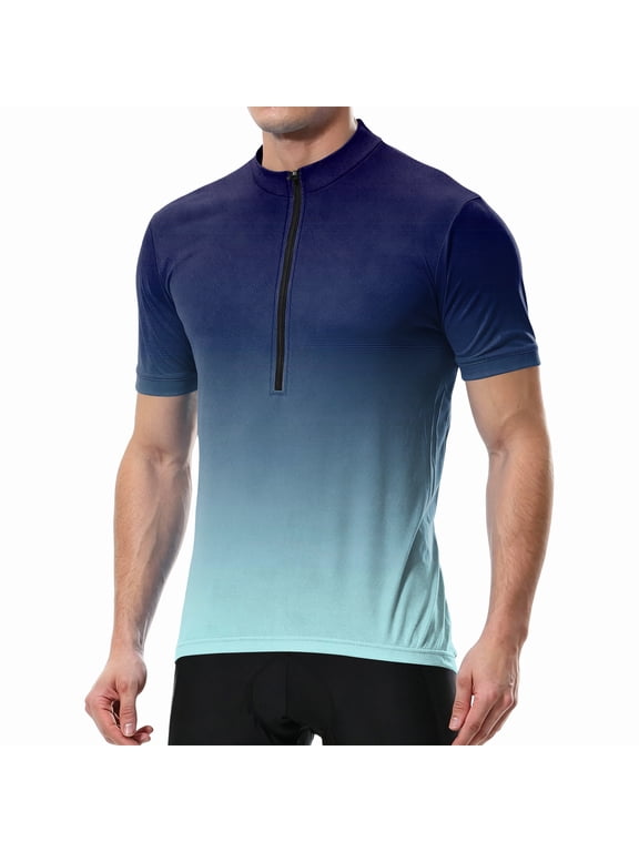 Mens Gradient Half Zip Cycling Jersey Short Sleeve Breathable Quick Dry Stand Collar Bike Riding Sport Shirt Blue L