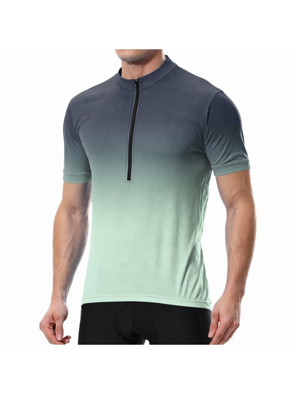 Mens Gradient Half Zip Cycling Jersey Short Sleeve Breathable Quick Dry Stand Collar Bike Riding Sport Shirt Green S