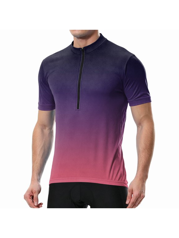 Mens Gradient Half Zip Cycling Jersey Short Sleeve Breathable Quick Dry Stand Collar Bike Riding Sport Shirt Purple Pink M