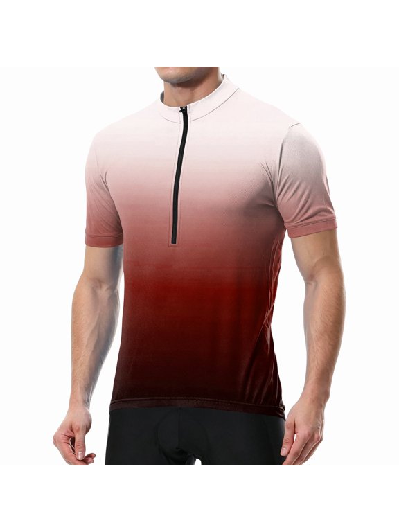 Mens Gradient Half Zip Cycling Jersey Short Sleeve Breathable Quick Dry Stand Collar Bike Riding Sport Shirt Red S