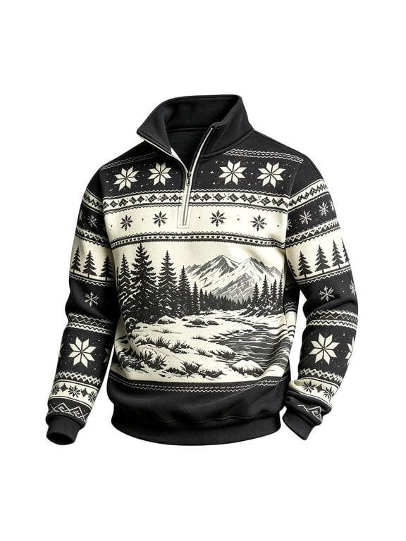 Mens Sweatshirt Fleece Lined Fair Isle Snow Mountain Print Quarter Zip Mock Neck Soft Warm Casual Sweatshirt Loose Fit Daily Spring Fall Outfits Black S