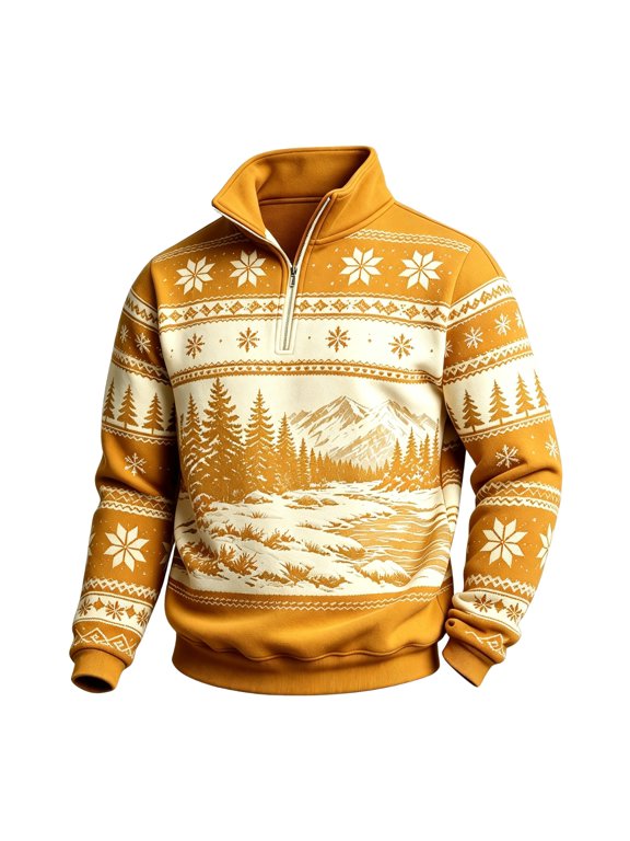 Mens Sweatshirt Fleece Lined Fair Isle Snow Mountain Print Quarter Zip Mock Neck Soft Warm Casual Sweatshirt Loose Fit Daily Spring Fall Outfits Yellow 2XL