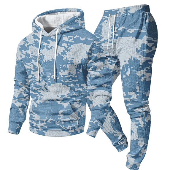 JULMCOMO Mens Sweatsuit Camouflage Print Drawstring Hooded Loose Fit Casual Pullover Sweatshirt Workout Jogging Pants 2 Piece Tracksuit Winter Outfits Sky Blue S