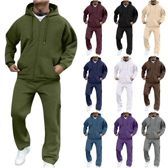 JULMCOMO Mens Sweatsuits 2 Piece Set Tracksuits Jogging Hooded Zip Up Casual Fall Athletic Long Sleeve Matching Crew Neck Suits Sets Beige 2XL-Large