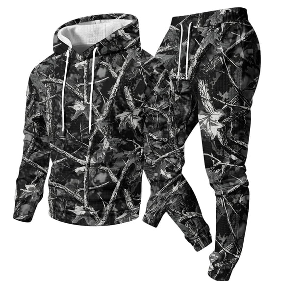 JULMCOMO Mens Tracksuit Tree Leaf Print Drawstring Hooded Casual Loose Fit Pullover Sweatshirt Drawstring Jogging Pants Sweatsuit Fall Winter 2 Piece Sets Gray 3XL