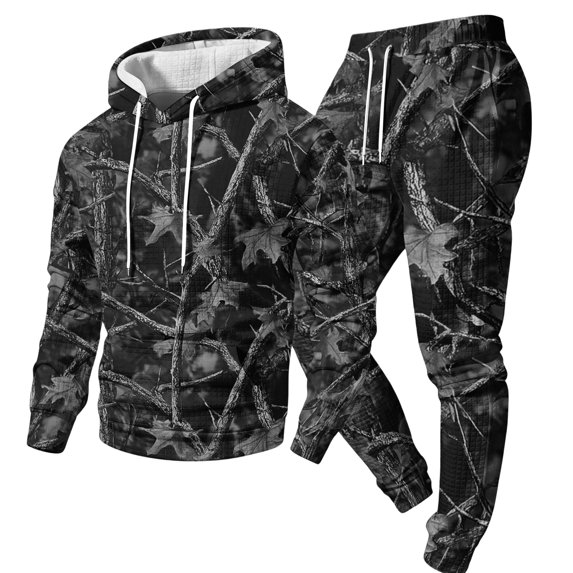 JULMCOMO Mens Tracksuit Tree Leaf Print Drawstring Hooded Casual Loose Fit Pullover Sweatshirt Drawstring Jogging Pants Sweatsuit Fall Winter 2 Piece Sets Black L