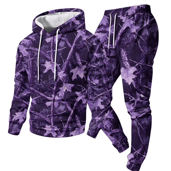 JULMCOMO Mens Tracksuit Tree Leaf Print Drawstring Hooded Casual Loose Fit Pullover Sweatshirt Drawstring Jogging Pants Sweatsuit Fall Winter 2 Piece Sets Dark Purple S