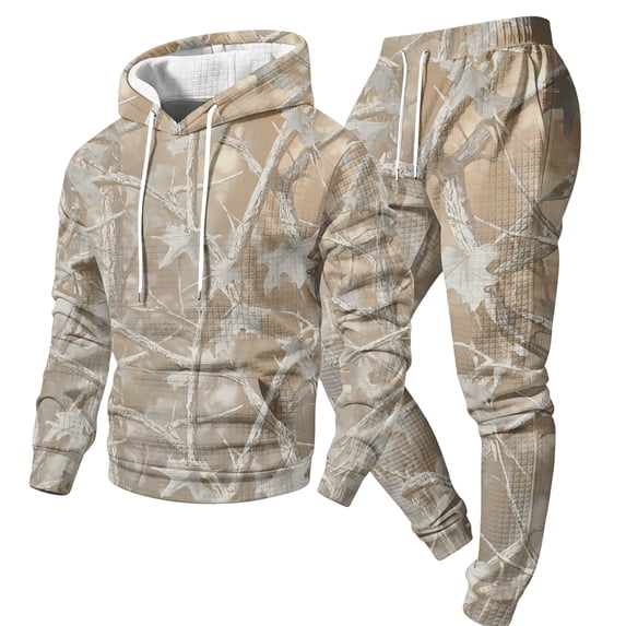 JULMCOMO Mens Tracksuit Tree Leaf Print Drawstring Hooded Casual Loose Fit Pullover Sweatshirt Drawstring Jogging Pants Sweatsuit Fall Winter 2 Piece Sets Beige XL