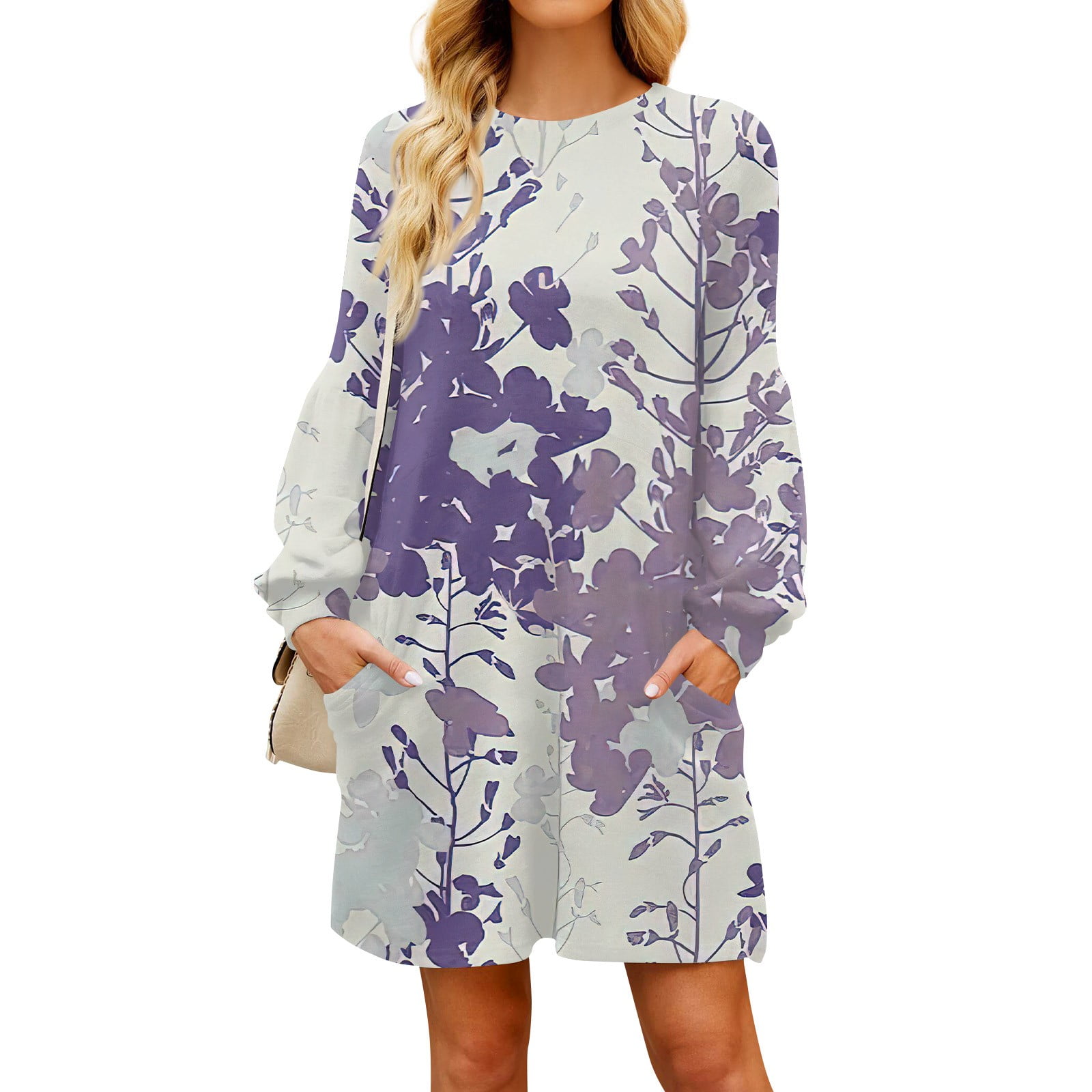 JULMCOMO Midi Dresses for Women Long Sleeve Crew Neck Petite Dress Cute ...