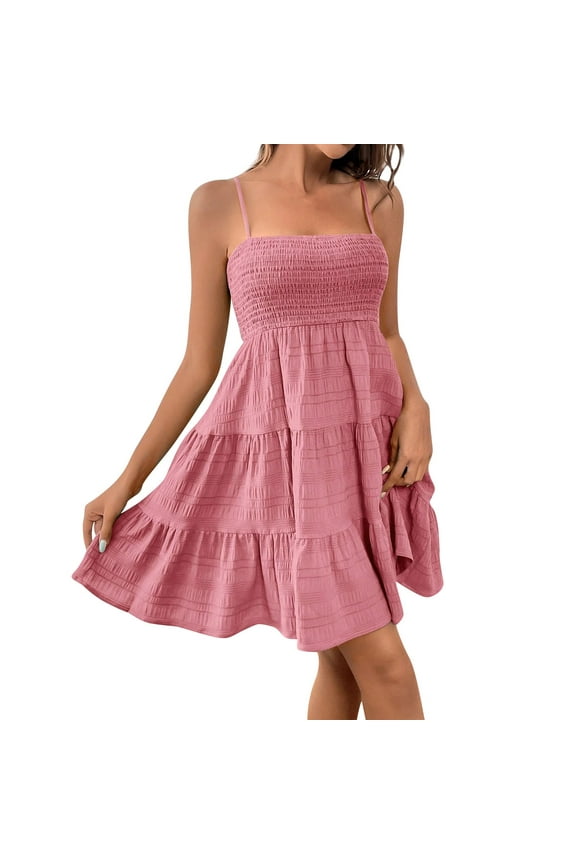 Mini Dresses for Women Casual Vacation Adjustable Sun Dress Spaghetti Strap Sleeveless Square Neck Short Mini Dress Pink M