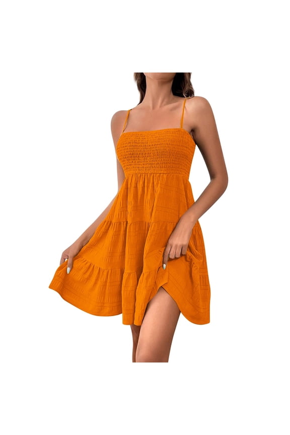 Mini Dresses for Women Casual Vacation Short Skirt Smocked Ruffle Sleeveless Square Neck Short Dress Green XL