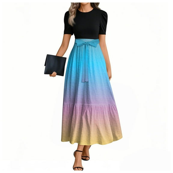 JULMCOMO Modest Dresses for Women Short Sleeve Teacher Dress Floral Print Trendy Maxi Dresses Empire Waist Casual Dinner Dresses Wedding Guest Business Casual Outfits Blue M