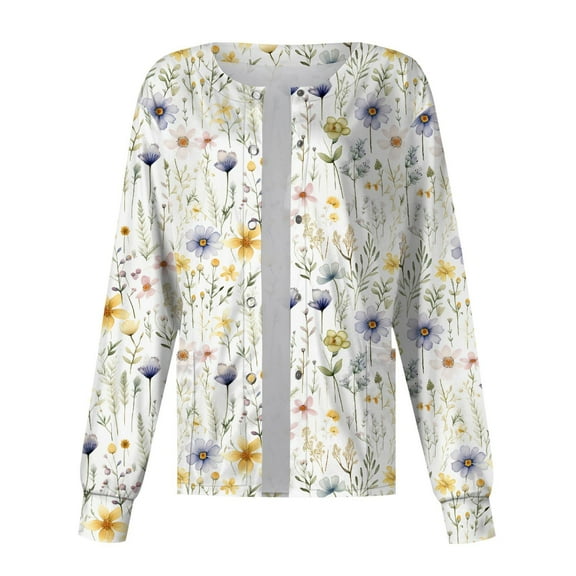 JULMCOMO Nurse Jackets for Women Scrub Long Sleeve Floral Print Scrub Tops Button up Stretchy Plus Size Scrubs Set Nursing Working Uniforms White S