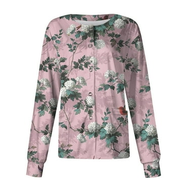 JULMCOMO Nursing Jackets for Nurses Long Sleeve Button up Plus Size Medical Scrub Top Floral Printed Nurses Working Uniforms Lightweight Nurse Jacket Dark Green M