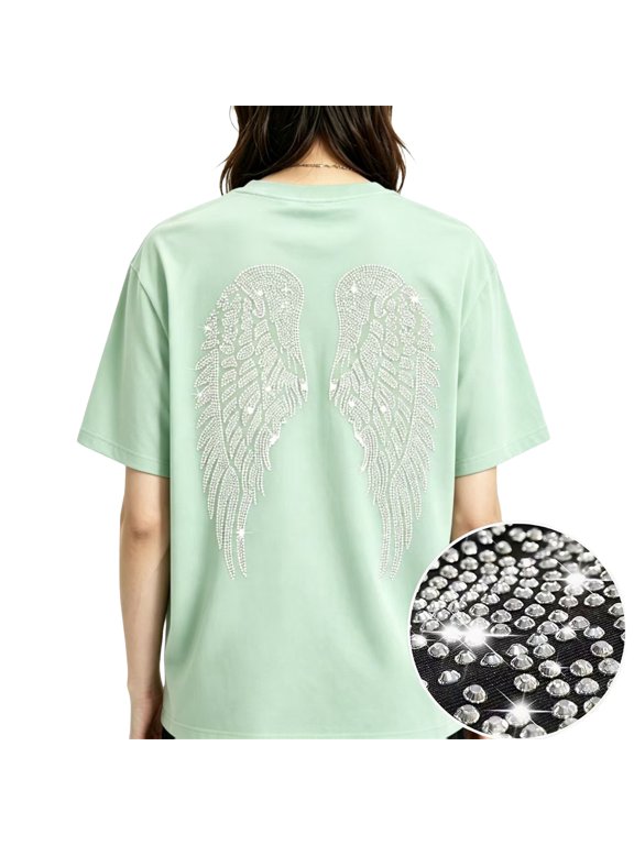 Oversized Tshirts for Women Sparkly Rhinestone Angel Wings Crew Neck Short Sleeve Casual Shirts Loose Summer Streetwear Cute Graphic Tees Light Green M