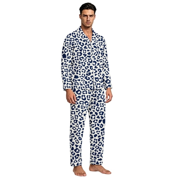 JULMCOMO Pajama Sets for Men Leopard Print Collared Button Down Casual Comfy Lounge Sets Long Sleeve Loose Soft Pajama Pants Sky Blue 3XL