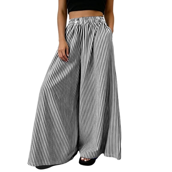 JULMCOMO Palazzo Pants for Women Striped Elastic Waisted Flowy Oversized Wide Leg Pants Full Floor Length Resort Baggy Trousers with Pockets White S