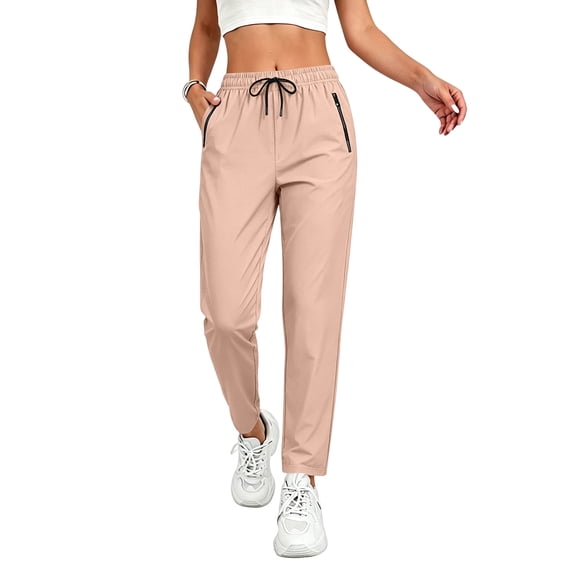 JULMCOMO Pants for Women Drawstring Elastic Waist Lightweight Joggers Running Athletic Workout Pants With Zipper Pockets Beige S