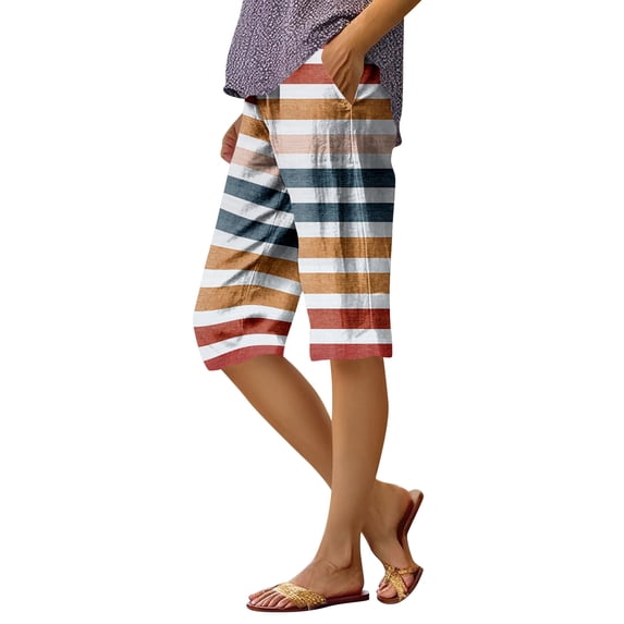 JULMCOMO Pedal Pushers for Women Bermuda Shorts Dressy Casual High Waisted Knee Length Comfy Shorts Trendy Summer Linen Capri Pants with Pockets Dark Blue 4XL