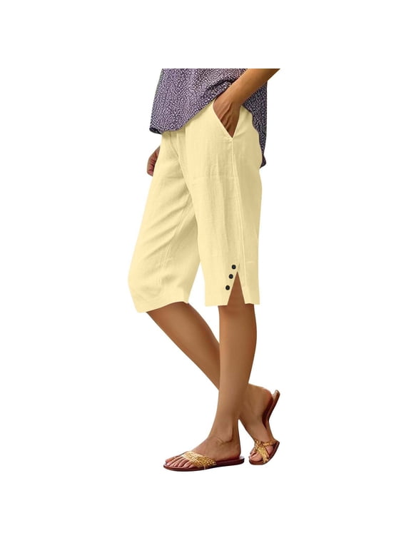 JULMCOMO Pedal Pushers for Women Linen Capri Pants Dressy Casual Knee Length Elastic Waist Comfy Shorts Trendy Summer Linen Capri Pants with Pockets Beige S