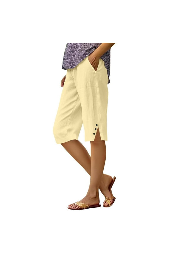 Pedal Pushers for Women Linen Capri Pants Dressy Casual Knee Length Elastic Waist Comfy Shorts Trendy Summer Linen Capri Pants with Pockets Beige S