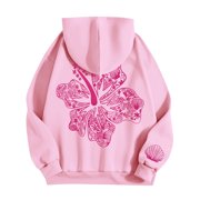 JULMCOMO Pink Palm Puff Hoodie Preppy Oversized Long Sleeve Sweatshirts Women's Y2k Drop Graphic Hoodies Comfort Drawstring Pullover Shirt with Pocket Pink M