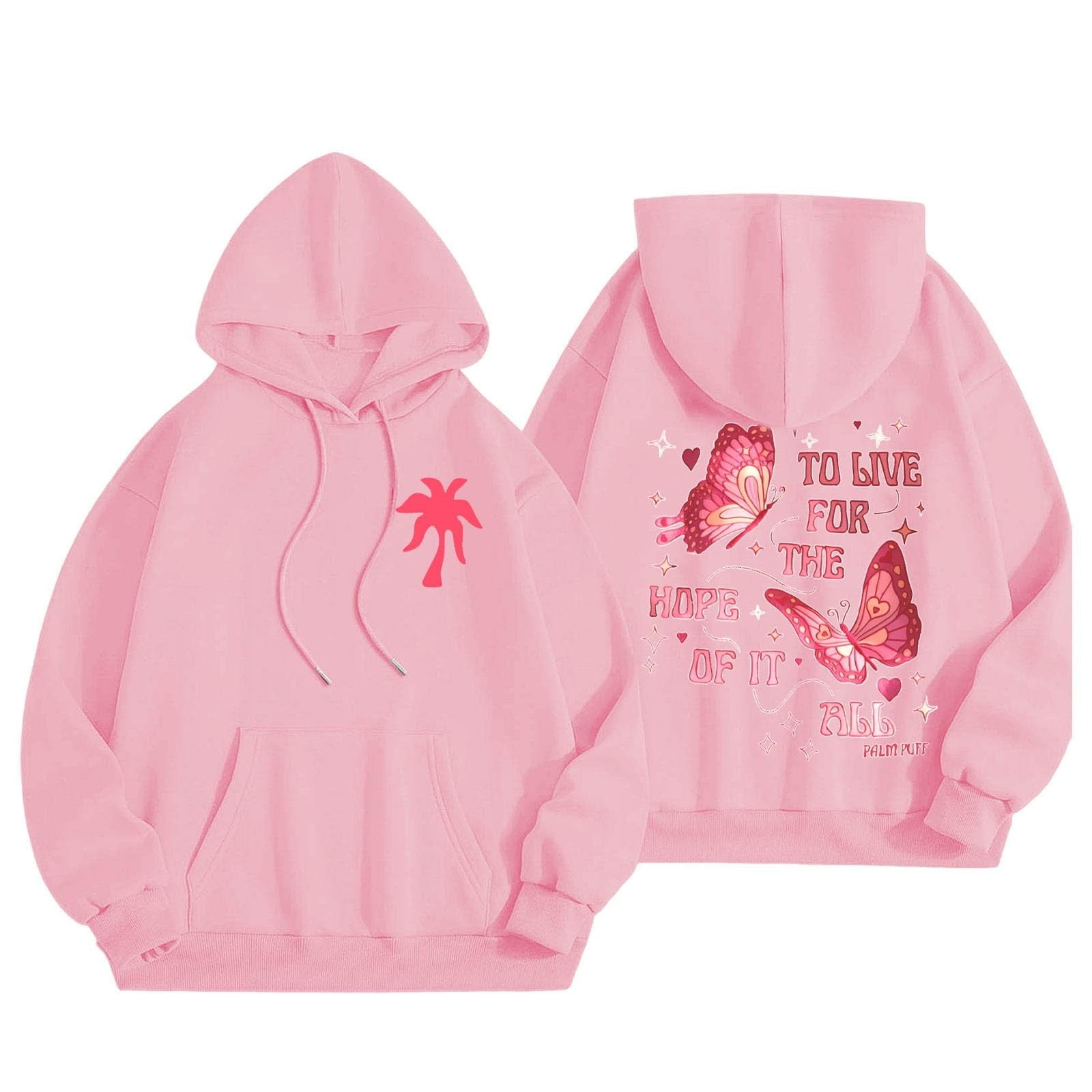 JULMCOMO Pink Palm Puff Hoodie Preppy Oversized Long Sleeve JULMCOMO Pink Palm Puff Hoodie Preppy Oversized Long Sleeve