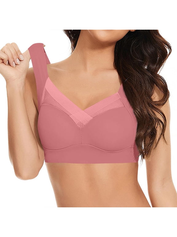 Plus Size Bras for Women V Mesh Splice No Underwire Push Up Bra Wireless Seamless Back Stretchy Comfy Bralettes Pink 4XL