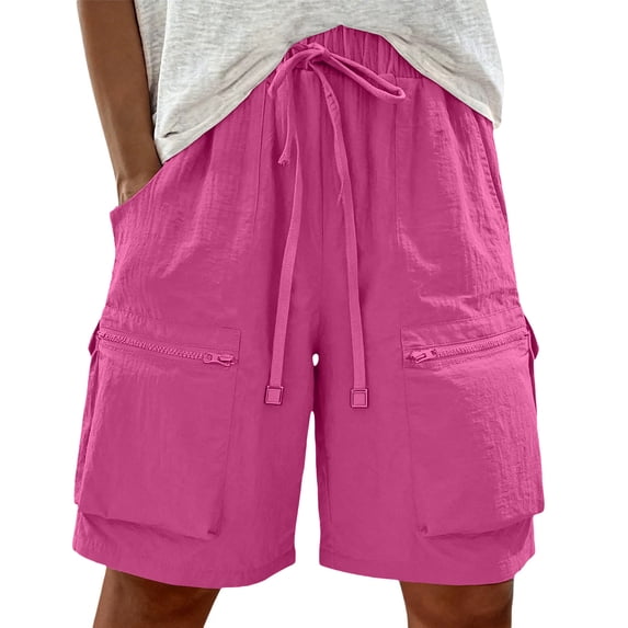 JULMCOMO Plus Size Cargo Shorts Women Nylon Quick Dry Elastic Waisted Drawstring Crinkle Summer Athletic Shorts with Zipper Pockets Hot Pink 4XL