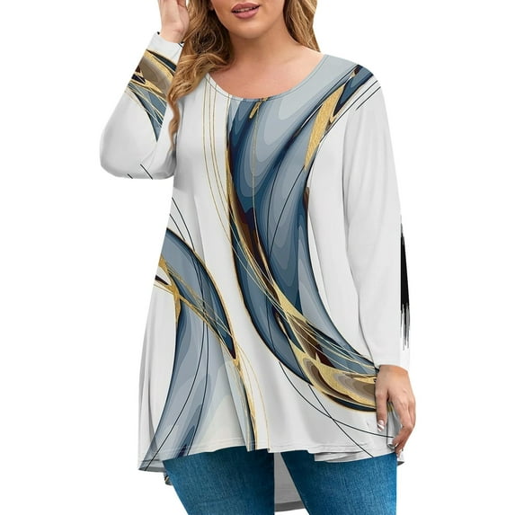 JULMCOMO Plus Size Fall Outfits Dressy Half Sleeve Crew Neck Tshirts Dressy Casual Color Block Print Tunic Blouse Loose Fit Oversized T Shirts Silver 5XL