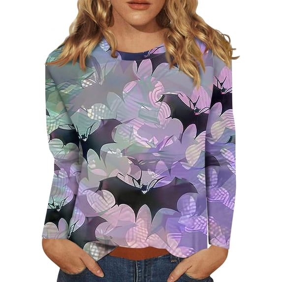 JULMCOMO Plus Size Halloween Shirts for Women Funny Pumpkin Castle Bat Print Crew Neck Long Sleeve Shirts Holiday Costume Tunic Tops Purple 4XL
