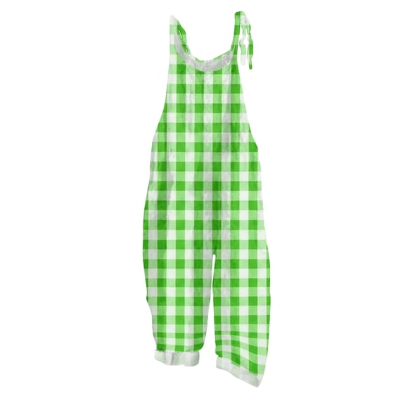 JULMCOMO Plus Size Jumpsuits for Women Plaid Print Tie Strap Scoop Neck Loose Fit Overalls Sleeveless Vacation Casual Jumpsuits Light Green 2XL