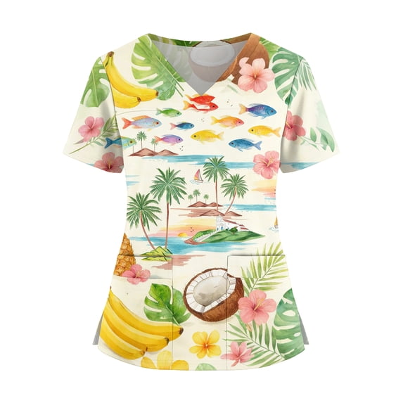 JULMCOMO Plus Size Scrub Tops for Women V Neck Loose Fit Summer Hawaiian Shirts Short Sleeve Side Slit Holiday Nurse Uniform Shirts with Pockets Light Green 2XL