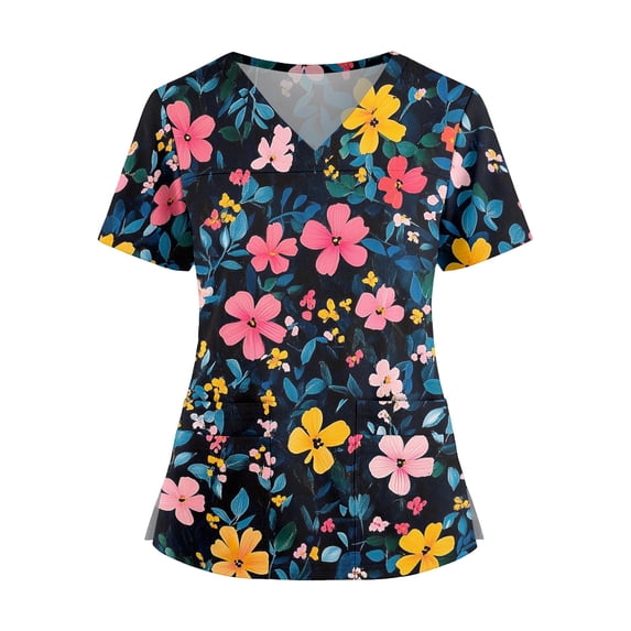 JULMCOMO Plus Size Scrub Tops for Women Floral Print Summer V Neck Shirts Side Slit Short Sleeve Comfy Nurse Uniform Shirt with Pockets Black L