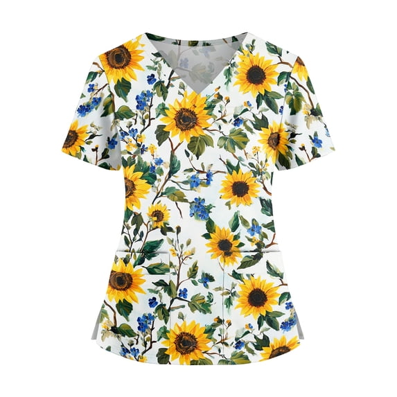 JULMCOMO Plus Size Scrub Tops for Women Floral Print Summer V Neck Shirts Side Slit Short Sleeve Comfy Nurse Uniform Shirt with Pockets Gold XL