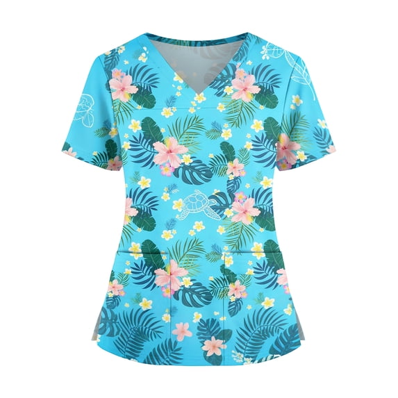 JULMCOMO Plus Size Scrub Tops for Women Tropical Print Short Sleeve Summer Shirts V Neck Side Slit Holiday Nurse Uniform Shirts with Pockets Blue 2XL