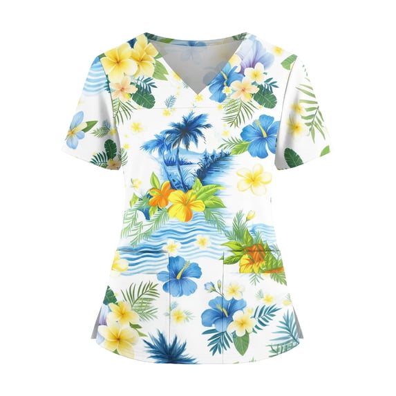JULMCOMO Plus Size Scrub Tops for Women Tropical Print Short Sleeve Summer Shirts V Neck Side Slit Holiday Nurse Uniform Shirts with Pockets White L