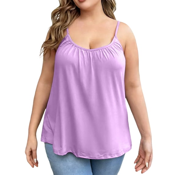 JULMCOMO Plus Size Tank Tops for Women Scoop Neck Ruched Adjustable Spaghetti Strap Flowy Camisole Tops Loose Fit Casual Camisoles Purple 5XL