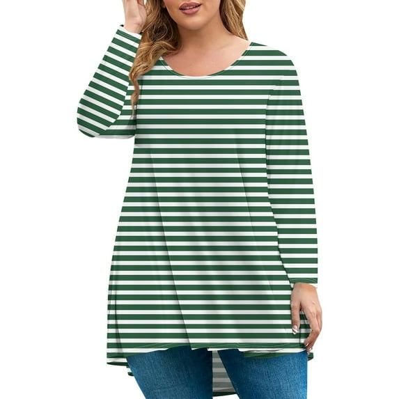 JULMCOMO Plus Size Tunic Tops for Women Clearance Long Sleeve Crew Neck Shirts Fashion Casual Stripe Print Tees Loose Fit Oversized Graphic Tees Green 2XL